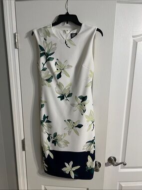 Vince Camuto White Floral Midi Sheath Dress with Navy Border